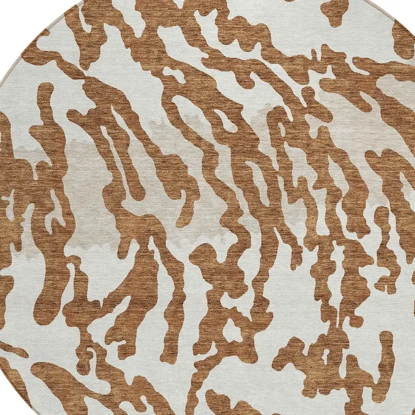 8' Brown Beige And Ivory Round Animal Print Washable Indoor Outdoor Area Rug Photo 3