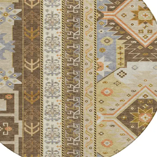 8' Brown Beige And Ivory Round Aztec Washable Indoor Outdoor Area Rug Photo 4