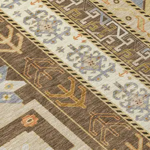 Photo of 8' Brown Beige And Ivory Round Aztec Washable Indoor Outdoor Area Rug