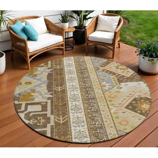 8' Brown Beige And Ivory Round Aztec Washable Indoor Outdoor Area Rug Photo 1
