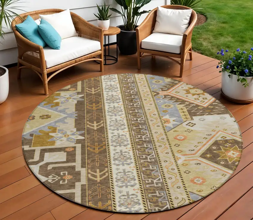 8' Brown Beige And Ivory Round Aztec Washable Indoor Outdoor Area Rug Photo 1