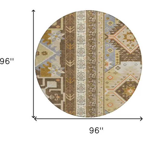 8' Brown Beige And Ivory Round Aztec Washable Indoor Outdoor Area Rug Photo 3