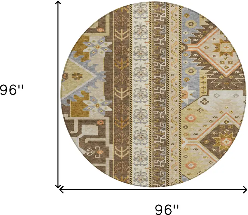 8' Brown Beige And Ivory Round Aztec Washable Indoor Outdoor Area Rug Photo 3