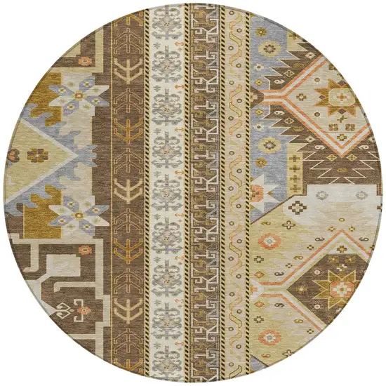 8' Brown Beige And Ivory Round Aztec Washable Indoor Outdoor Area Rug Photo 6