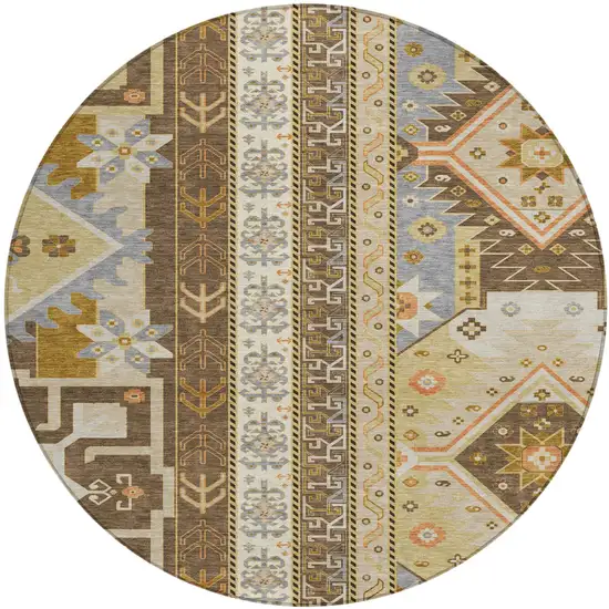 8' Brown Beige And Ivory Round Aztec Washable Indoor Outdoor Area Rug Photo 2