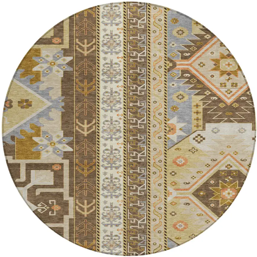 8' Brown Beige And Ivory Round Aztec Washable Indoor Outdoor Area Rug Photo 2