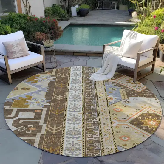 8' Brown Beige And Ivory Round Aztec Washable Indoor Outdoor Area Rug Photo 7
