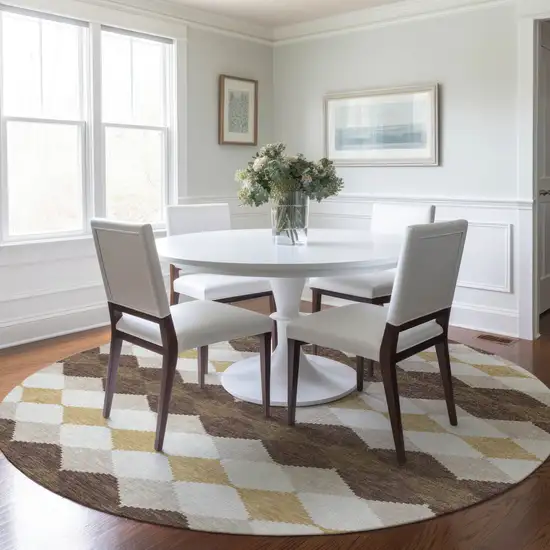 8' Brown Beige And Ivory Round Geometric Washable Indoor Outdoor Area Rug Photo 8