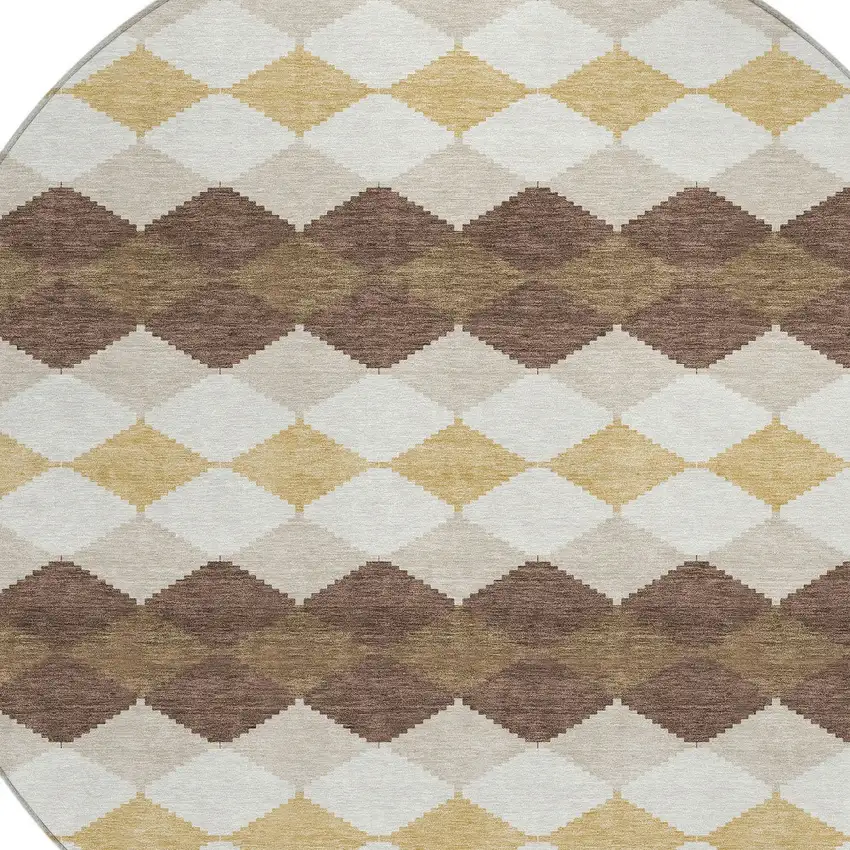 8' Brown Beige And Ivory Round Geometric Washable Indoor Outdoor Area Rug Photo 4