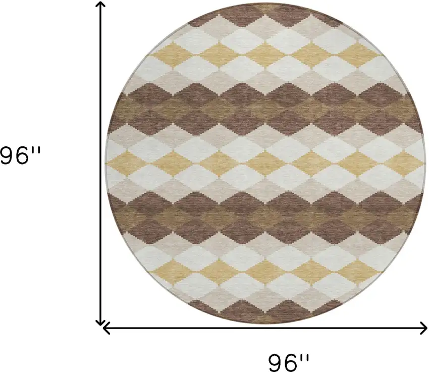 8' Brown Beige And Ivory Round Geometric Washable Indoor Outdoor Area Rug Photo 3