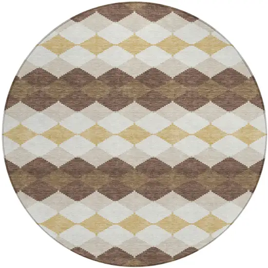 8' Brown Beige And Ivory Round Geometric Washable Indoor Outdoor Area Rug Photo 2