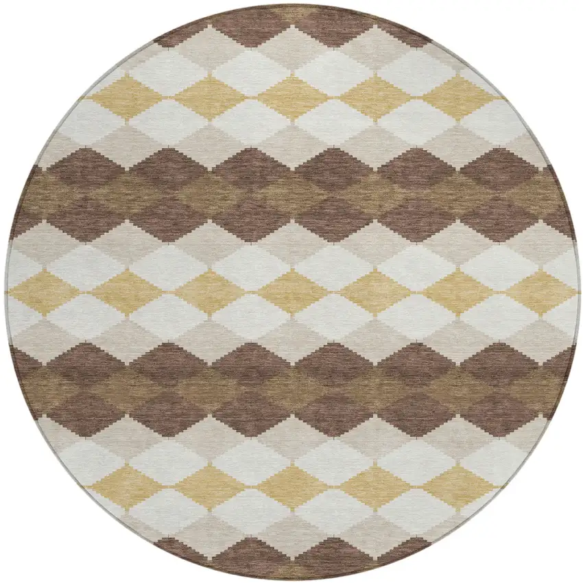 8' Brown Beige And Ivory Round Geometric Washable Indoor Outdoor Area Rug Photo 2