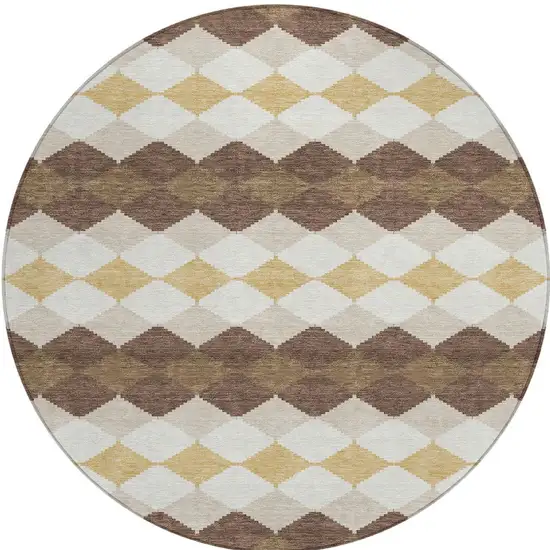 8' Brown Beige And Ivory Round Geometric Washable Indoor Outdoor Area Rug Photo 6
