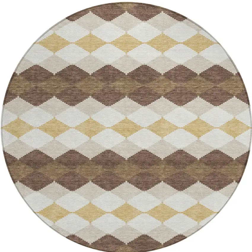 8' Brown Beige And Ivory Round Geometric Washable Indoor Outdoor Area Rug Photo 6