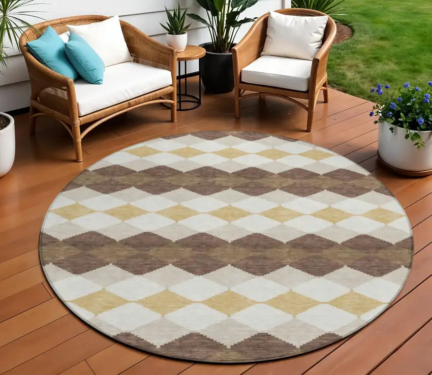 8' Brown Beige And Ivory Round Geometric Washable Indoor Outdoor Area Rug Photo 1