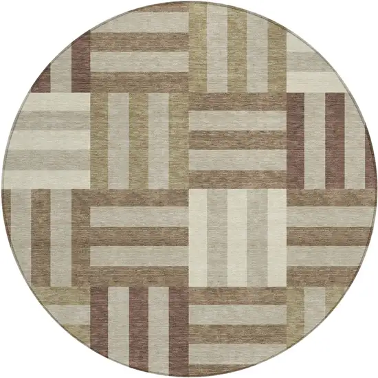 8' Brown Beige And Ivory Round Geometric Washable Indoor Outdoor Area Rug Photo 2