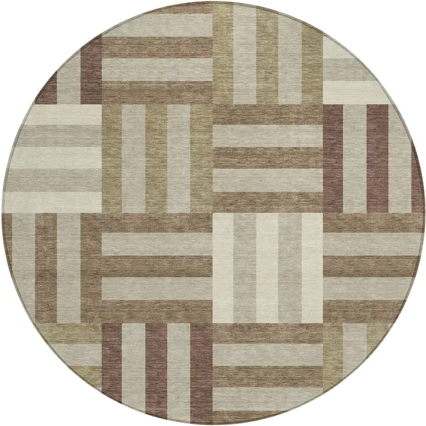 8' Brown Beige And Ivory Round Geometric Washable Indoor Outdoor Area Rug Photo 2