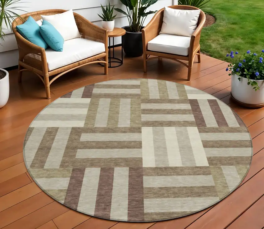 8' Brown Beige And Ivory Round Geometric Washable Indoor Outdoor Area Rug Photo 1
