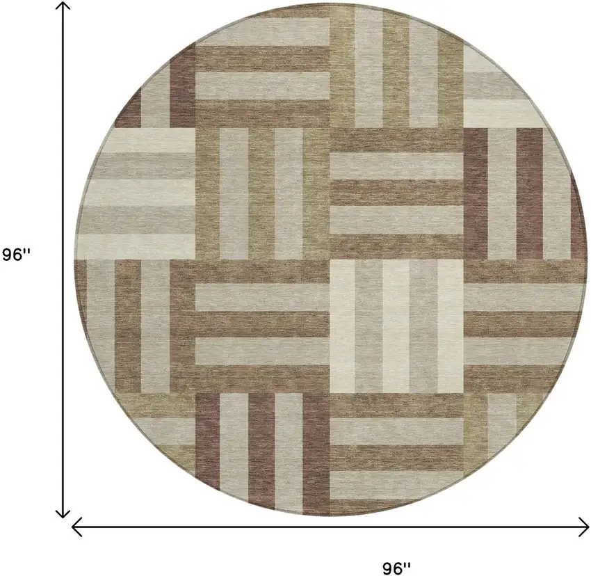 8' Brown Beige And Ivory Round Geometric Washable Indoor Outdoor Area Rug Photo 3