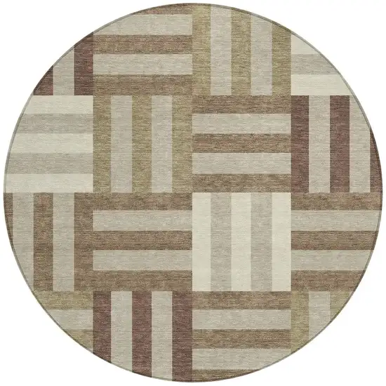 8' Brown Beige And Ivory Round Geometric Washable Indoor Outdoor Area Rug Photo 4