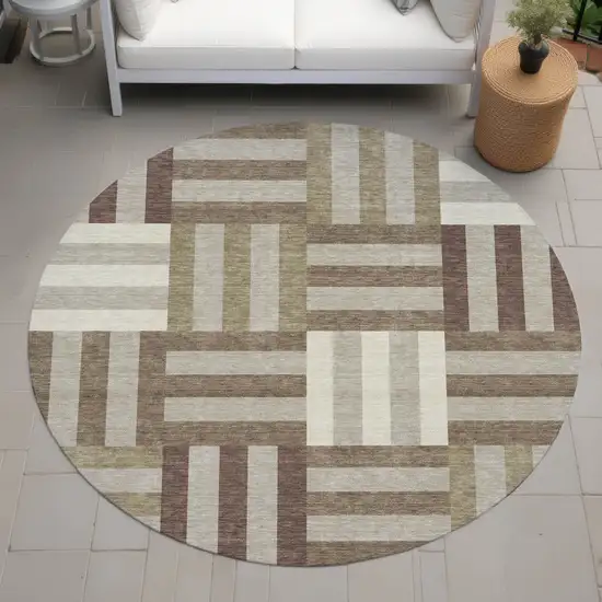 8' Brown Beige And Ivory Round Geometric Washable Indoor Outdoor Area Rug Photo 8