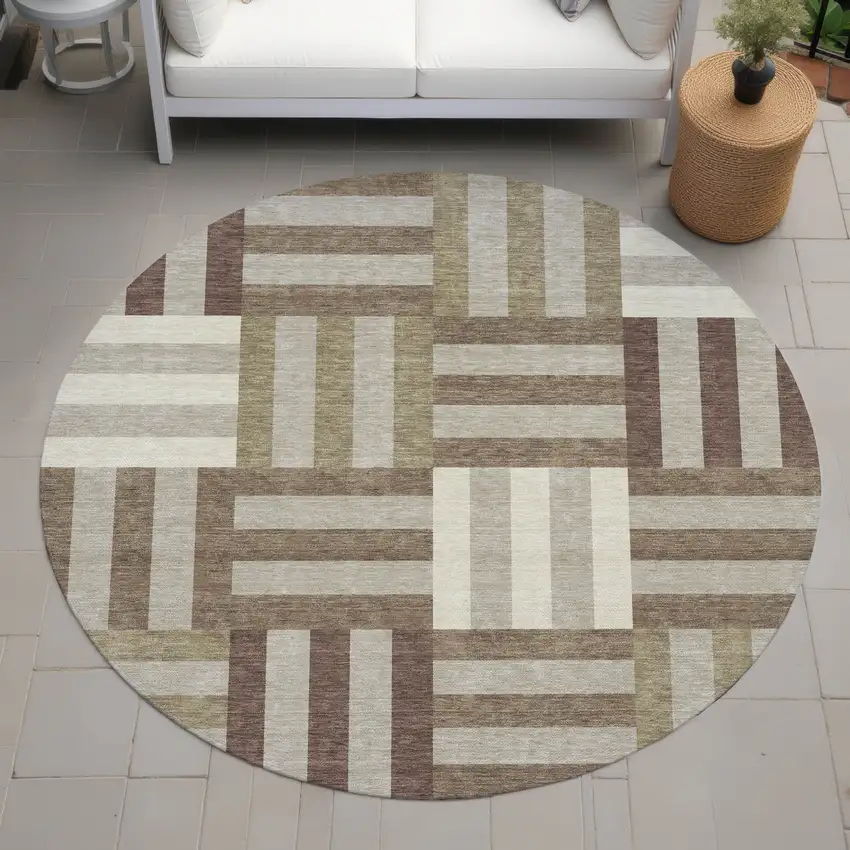 8' Brown Beige And Ivory Round Geometric Washable Indoor Outdoor Area Rug Photo 8