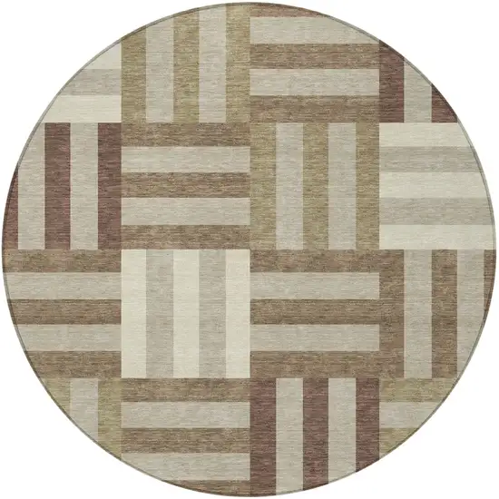 8' Brown Beige And Ivory Round Geometric Washable Indoor Outdoor Area Rug Photo 5
