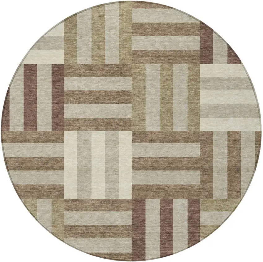 8' Brown Beige And Ivory Round Geometric Washable Indoor Outdoor Area Rug Photo 5