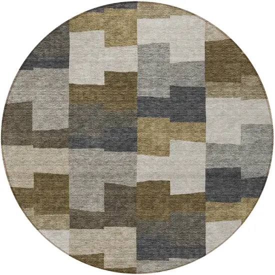 8' Brown Beige And Ivory Round Geometric Washable Indoor Outdoor Area Rug Photo 6