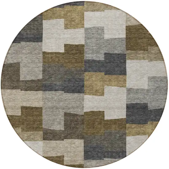 8' Brown Beige And Ivory Round Geometric Washable Indoor Outdoor Area Rug Photo 6