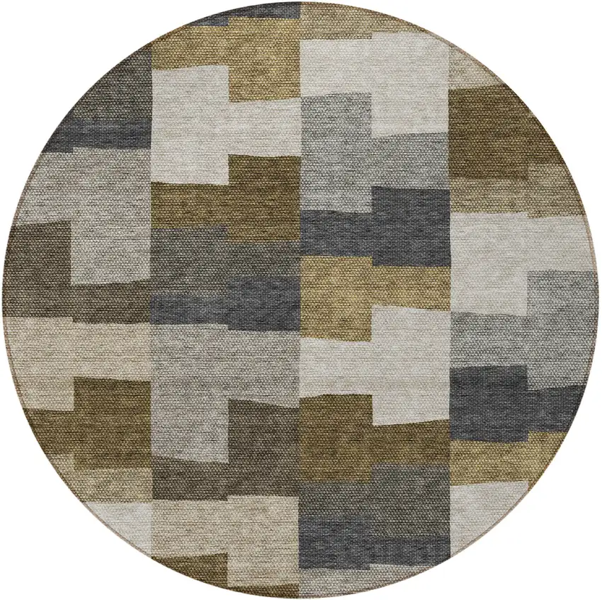8' Brown Beige And Ivory Round Geometric Washable Indoor Outdoor Area Rug Photo 6