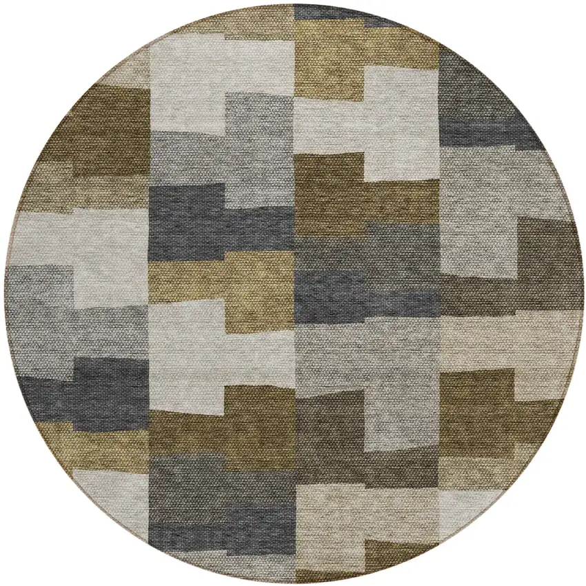 8' Brown Beige And Ivory Round Geometric Washable Indoor Outdoor Area Rug Photo 2