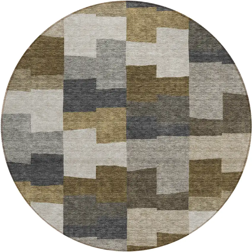 8' Brown Beige And Ivory Round Geometric Washable Indoor Outdoor Area Rug Photo 2