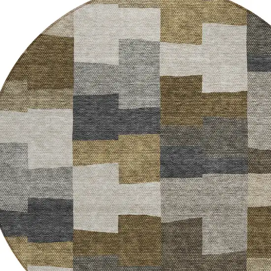 8' Brown Beige And Ivory Round Geometric Washable Indoor Outdoor Area Rug Photo 5