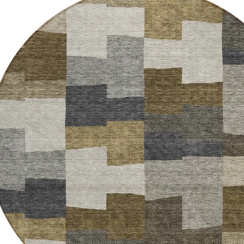 8' Brown Beige And Ivory Round Geometric Washable Indoor Outdoor Area Rug Photo 5