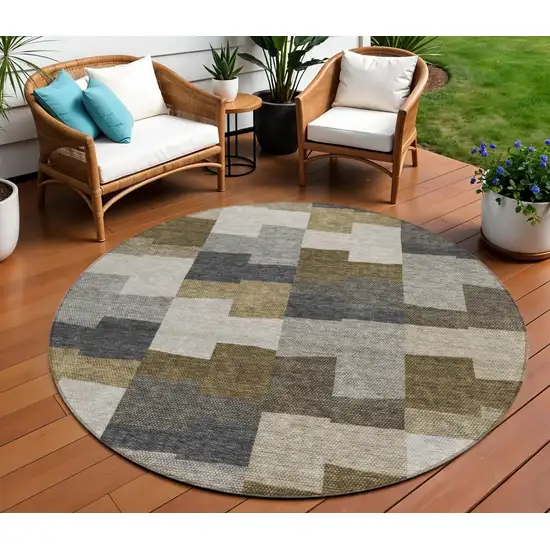 8' Brown Beige And Ivory Round Geometric Washable Indoor Outdoor Area Rug Photo 1