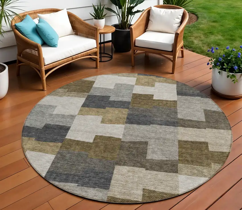 8' Brown Beige And Ivory Round Geometric Washable Indoor Outdoor Area Rug Photo 1