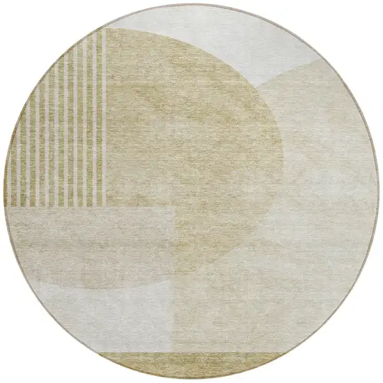 8' Brown Beige And Ivory Round Geometric Washable Indoor Outdoor Area Rug Photo 5