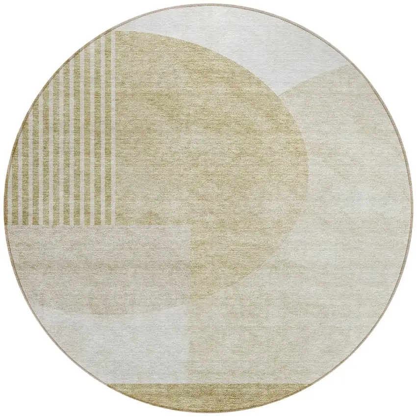 8' Brown Beige And Ivory Round Geometric Washable Indoor Outdoor Area Rug Photo 5