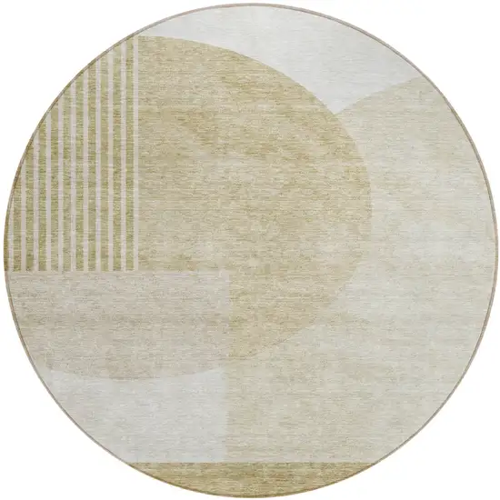 8' Brown Beige And Ivory Round Geometric Washable Indoor Outdoor Area Rug Photo 2