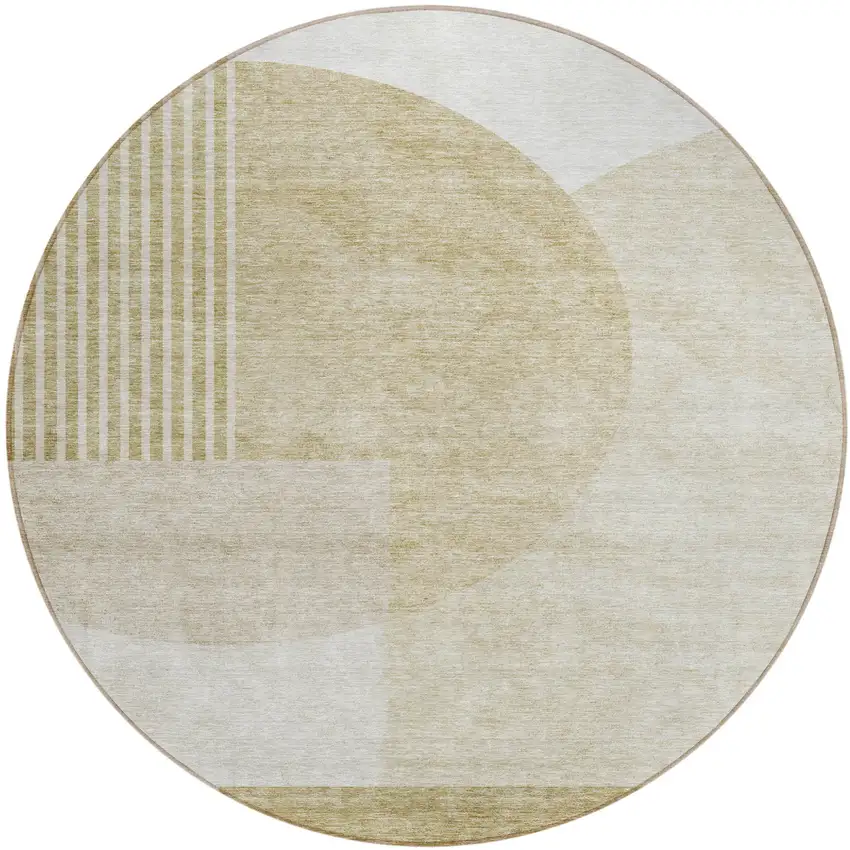 8' Brown Beige And Ivory Round Geometric Washable Indoor Outdoor Area Rug Photo 2