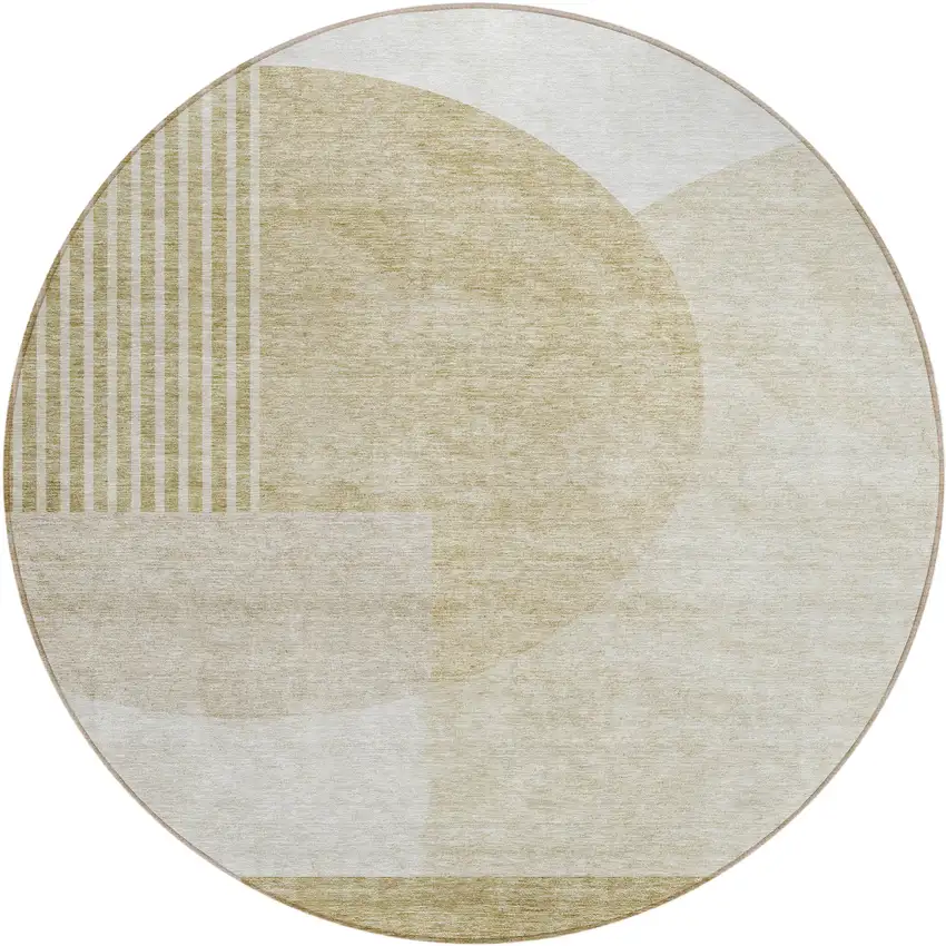 8' Brown Beige And Ivory Round Geometric Washable Indoor Outdoor Area Rug Photo 2