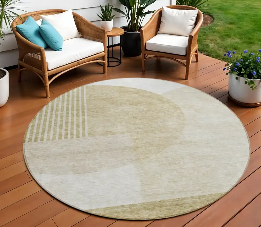 8' Brown Beige And Ivory Round Geometric Washable Indoor Outdoor Area Rug Photo 1