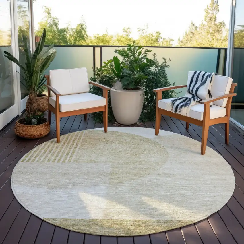 8' Brown Beige And Ivory Round Geometric Washable Indoor Outdoor Area Rug Photo 6