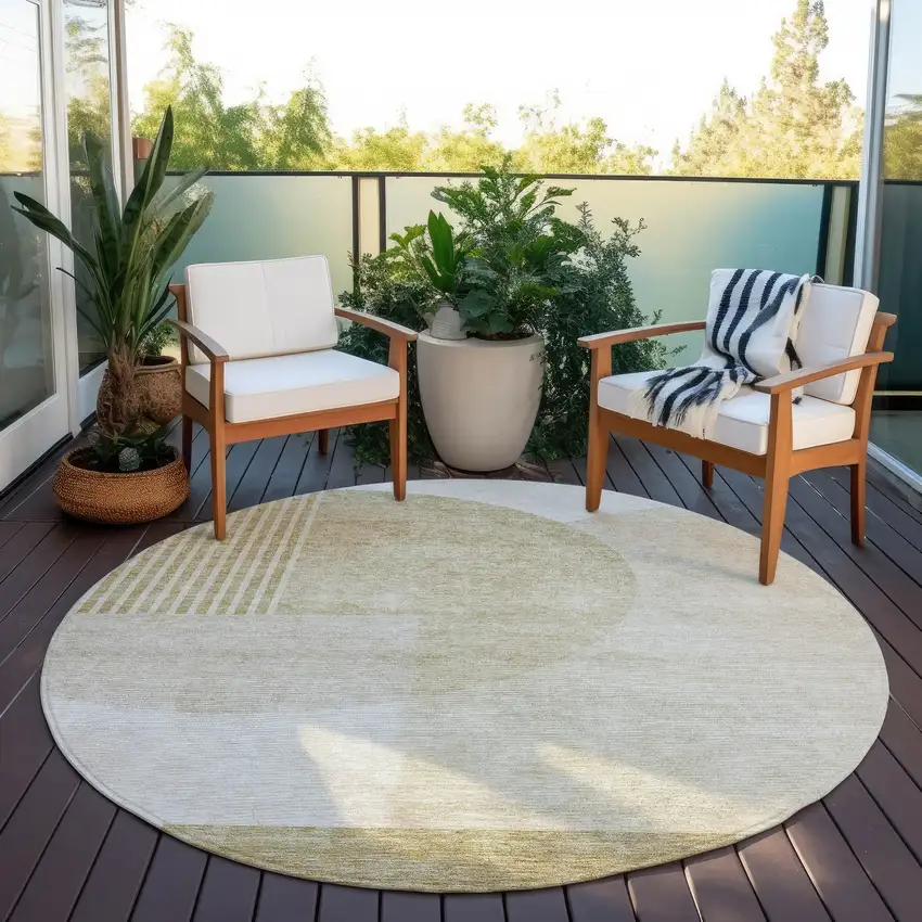 8' Brown Beige And Ivory Round Geometric Washable Indoor Outdoor Area Rug Photo 6