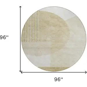 Photo of 8' Brown Beige And Ivory Round Geometric Washable Indoor Outdoor Area Rug