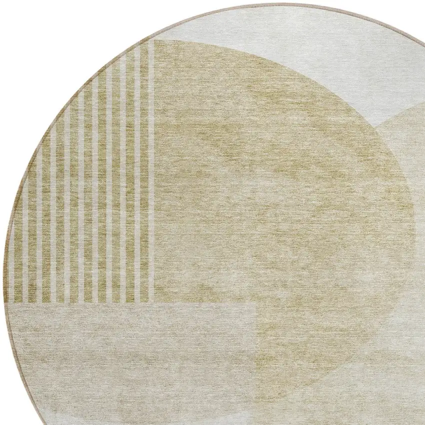 8' Brown Beige And Ivory Round Geometric Washable Indoor Outdoor Area Rug Photo 4