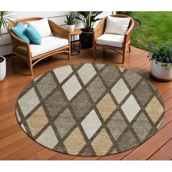 8' Brown Beige And Ivory Round Geometric Washable Indoor Outdoor Area Rug Photo 1