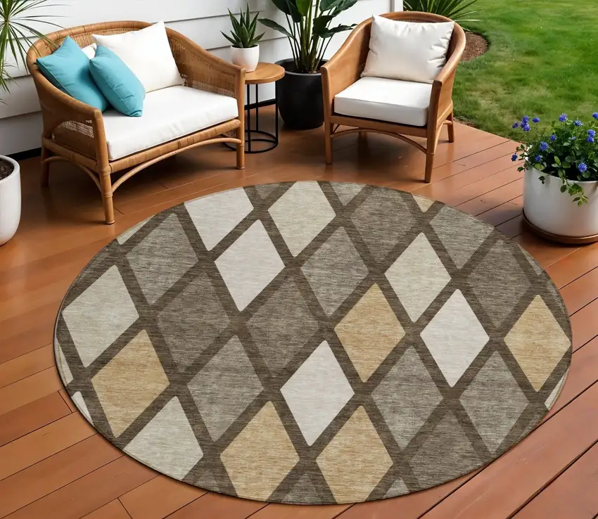 8' Brown Beige And Ivory Round Geometric Washable Indoor Outdoor Area Rug Photo 1
