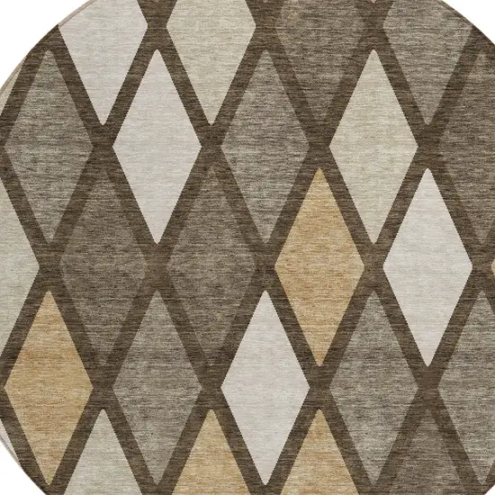 8' Brown Beige And Ivory Round Geometric Washable Indoor Outdoor Area Rug Photo 4